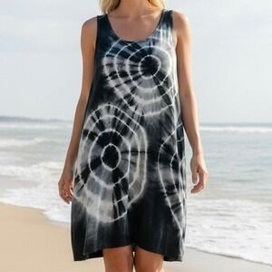 Shoreline Womens Tie Dye Tank Dress Black White Spiral S/M Boho Hippie 70s Beach